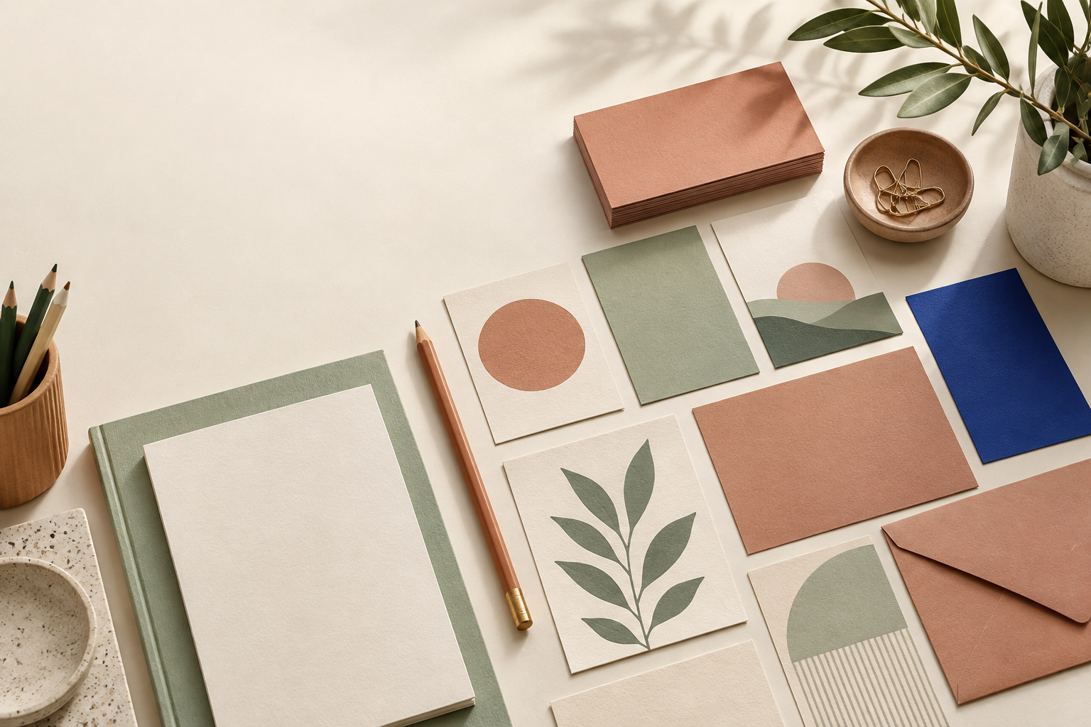 Conceptual illustration of stationery and layout cards; not a software screenshot.